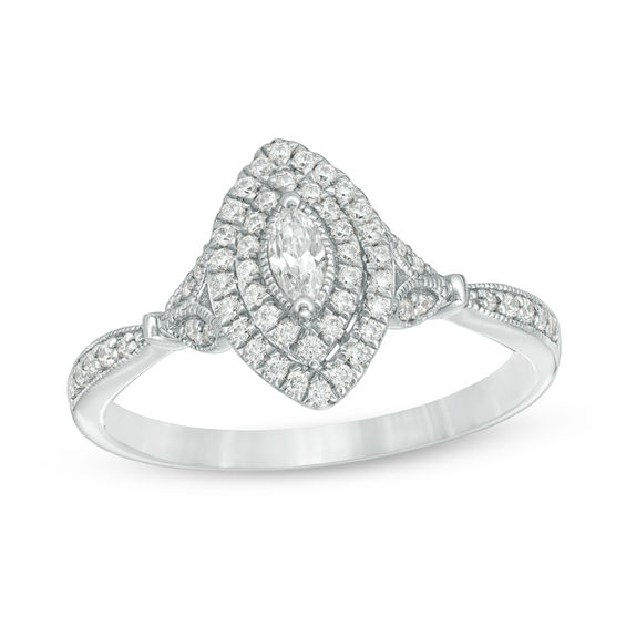 0.30 CT. T.W. Marquise Diamond Double Frame Petal-Sides Vintage-Style Engagement Ring in 10K White Gold