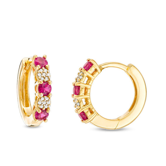 Ruby and 0.08 CT. T.W. Composite Diamond Alternating Hoop Earrings in 10K Gold