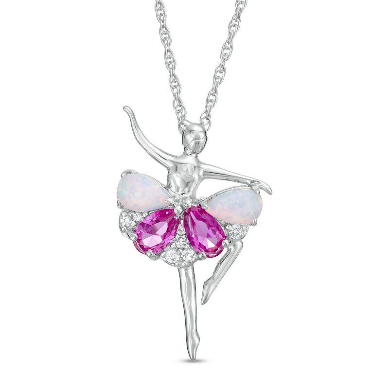 Pear-Shaped Lab-Created Opal, Pink and White Sapphire Ballerina Pendant in Sterling Silver|Peoples Jewellers