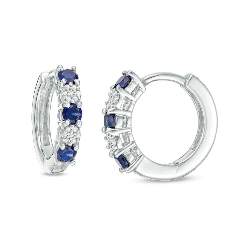 Blue Sapphire and 0.08 CT. T.W. Composite Diamond Alternating Hoop Earrings in 10K White Gold