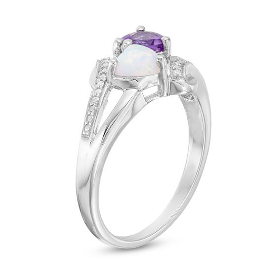 Heart-Shaped Amethyst, Lab-Created Opal and Diamond Accent Two Stone Slant Split Shank Ring in Sterling Silver