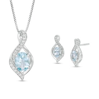 Oval Aquamarine and Lab-Created White Sapphire Flame Pendant and Drop Earrings Set in Sterling Silver