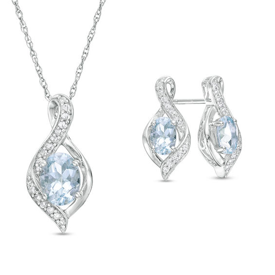 Oval Aquamarine and Lab-Created White Sapphire Flame Pendant and Drop ...