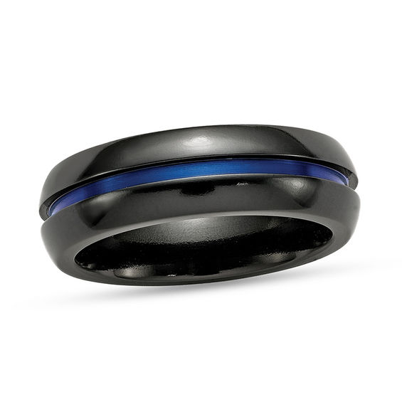 Edward Mirell Men's 7.0mm Comfort-Fit Blue Anodized Wedding Band in Black Titanium