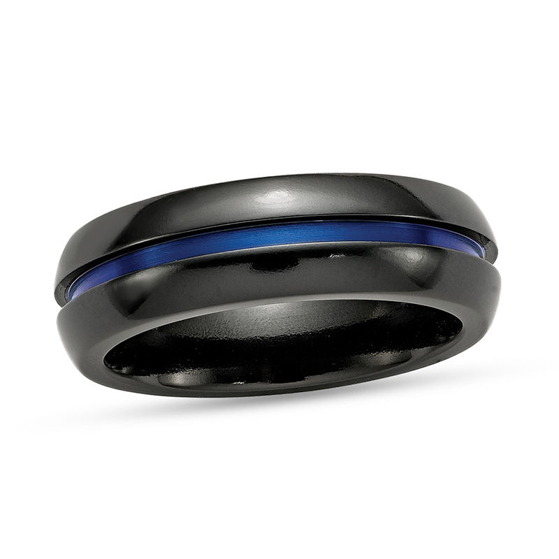 Edward Mirell Men's 7.0mm Comfort-Fit Blue Anodized Wedding Band in Black Titanium|Peoples Jewellers