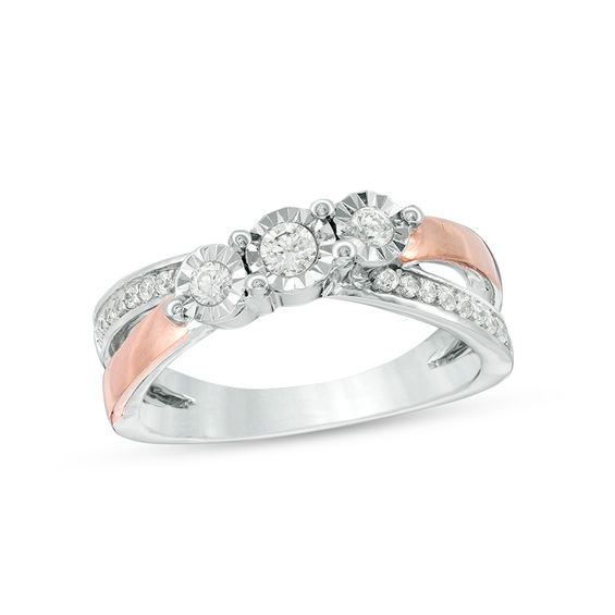 0.29 CT. T.W. Diamond Three Stone Crossover Engagement Ring in Sterling Silver and 10K Rose Gold