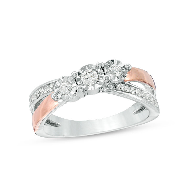 0.29 CT. T.W. Diamond Three Stone Crossover Engagement Ring in Sterling Silver and 10K Rose Gold|Peoples Jewellers