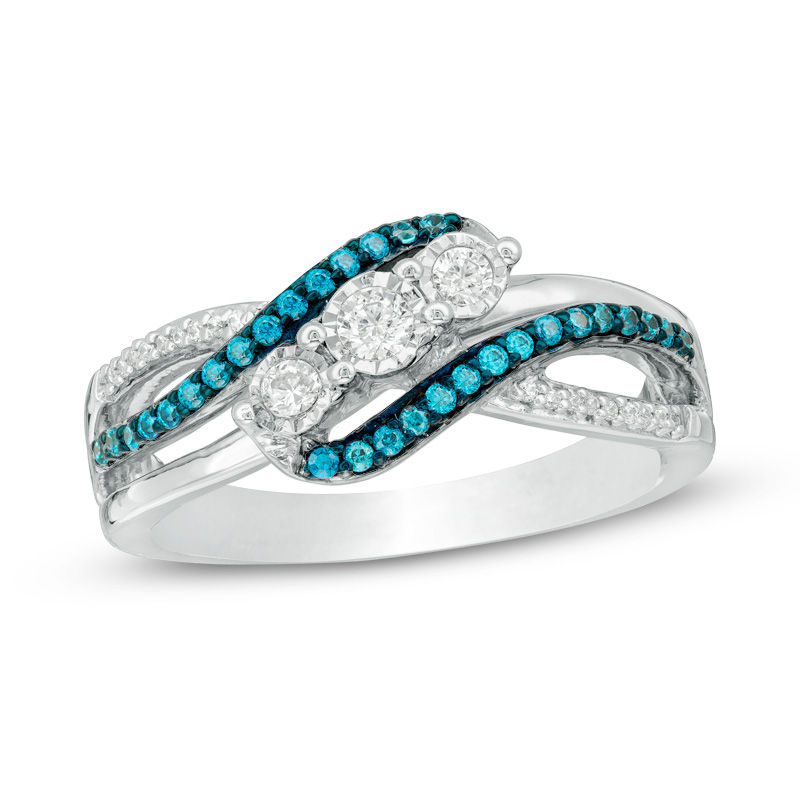 0.29 CT. T.W. Enhanced Blue and White Diamond Three Stone Bypass Ring in Sterling Silver|Peoples Jewellers