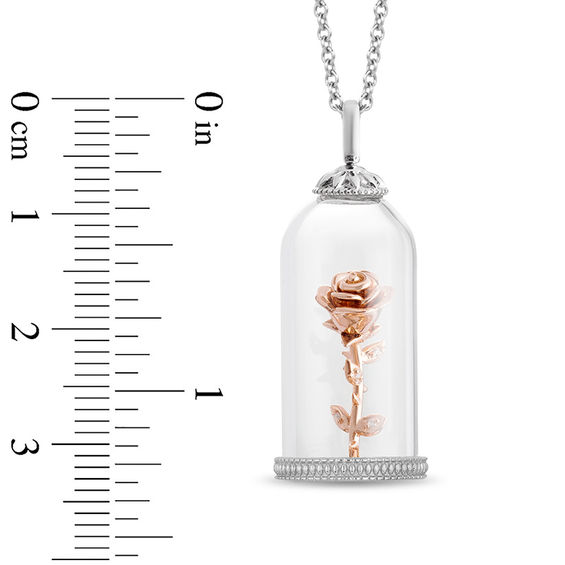 Enchanted Disney Belle Diamond Accent Rose in Glass Dome Pendant in Sterling Silver and 10K Rose Gold - 24"