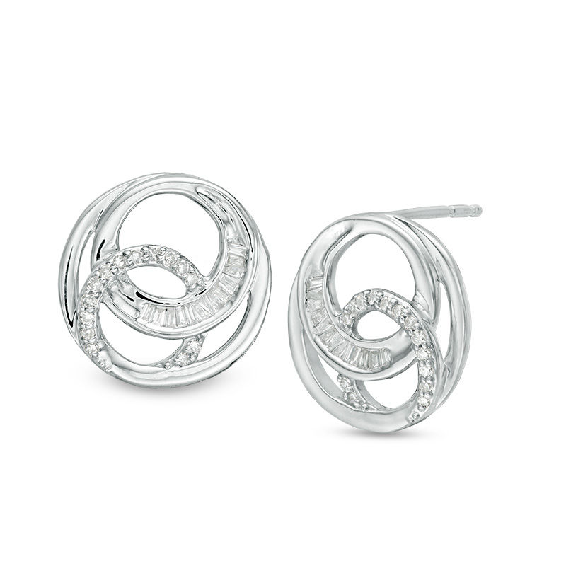 0.20 CT. T.W. Baguette and Round Diamond Triple Circle Stud Earrings in Sterling Silver|Peoples Jewellers