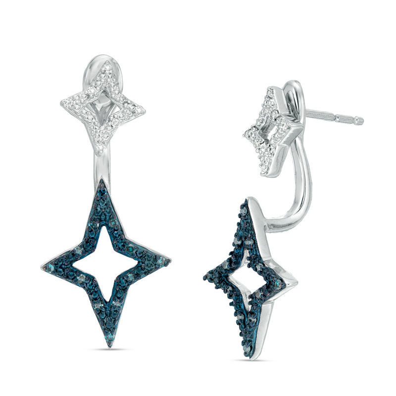 0.09 CT. T.W. Enhanced Green and White Diamond Double Star Front/Back Earrings in Sterling Silver|Peoples Jewellers