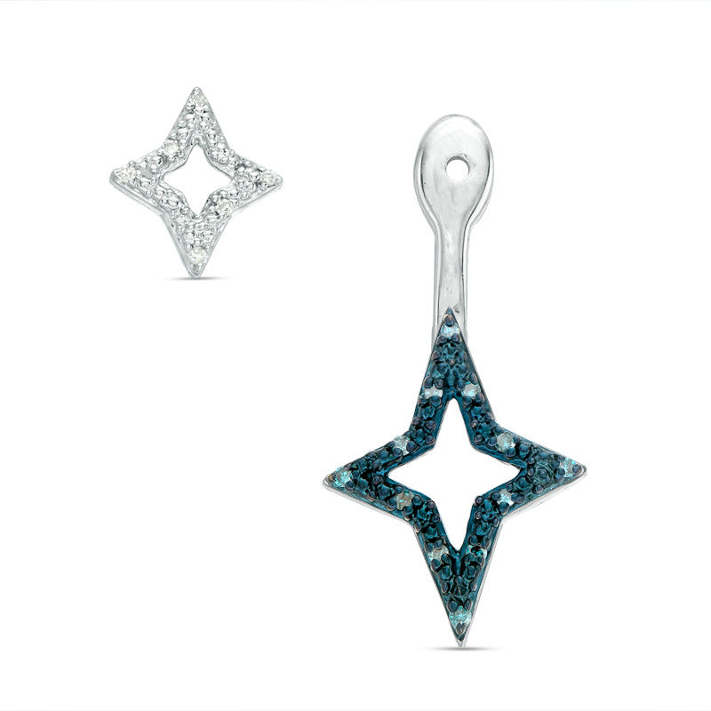 0.09 CT. T.W. Enhanced Green and White Diamond Double Star Front/Back Earrings in Sterling Silver|Peoples Jewellers