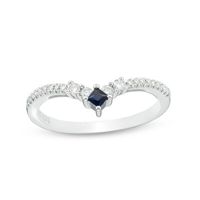 Vera Wang Love Collection Princess-Cut Sapphire and 0.146 CT. T.W. Diamond Chevron Ring in 14K White Gold