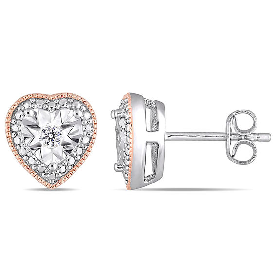 0.10 CT. T.W. Diamond Vintage-Style Heart Solitaire Stud Earrings in Sterling Silver with Rose Rhodium