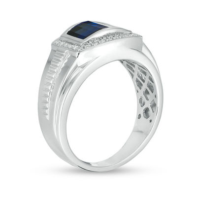 Men's Barrel Lab-Created Ceylon Blue and White Sapphire Frame Stepped Shank Ring in Sterling Silver