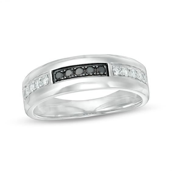 Men's 0.37 CT. T.W. Enhanced Black and White Diamond Brick-Patterned Band in 10K White Gold