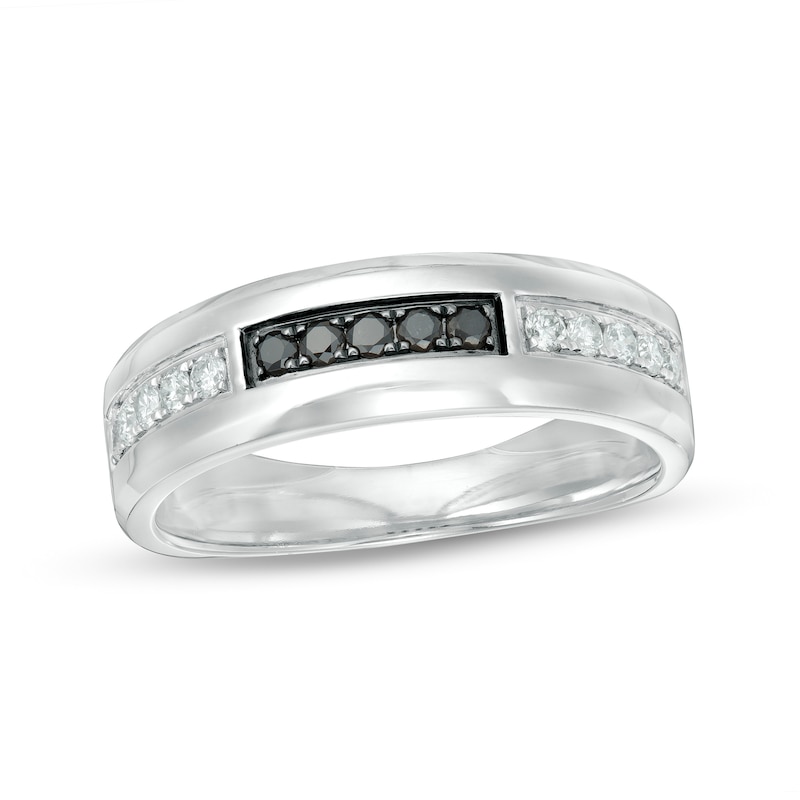 Men's 0.37 CT. T.W. Enhanced Black and White Diamond Brick-Patterned Band in 10K White Gold|Peoples Jewellers