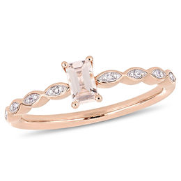 Emerald-Cut Morganite and 0.04 CT. T.W. Diamond Art Deco Promise Ring in 10K Rose Gold