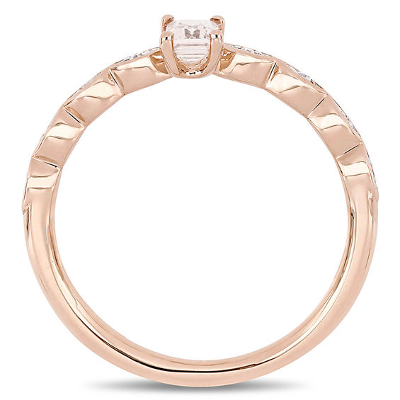 Emerald-Cut Morganite and 0.04 CT. T.W. Diamond Art Deco Promise Ring in 10K Rose Gold