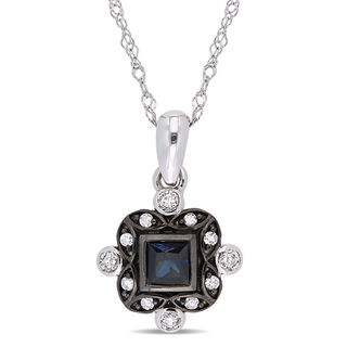 Princess-Cut Blue Sapphire and 0.06 CT. T.W. Diamond Art Deco Drop Pendant in 10K White Gold and Black Rhodium - 17"