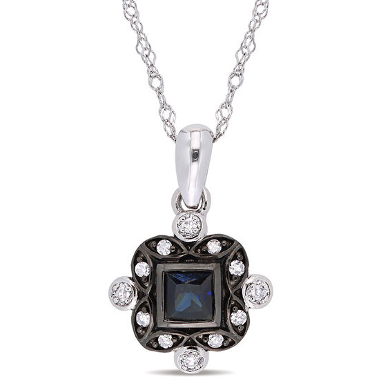 Princess-Cut Blue Sapphire and 0.06 CT. T.W. Diamond Art Deco Drop Pendant in 10K White Gold and Black Rhodium - 17"