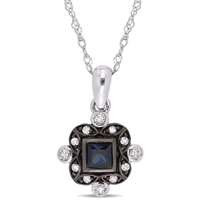 Princess-Cut Blue Sapphire and 0.06 CT. T.W. Diamond Art Deco Drop Pendant in 10K White Gold and Black Rhodium - 17"|Peoples Jewellers
