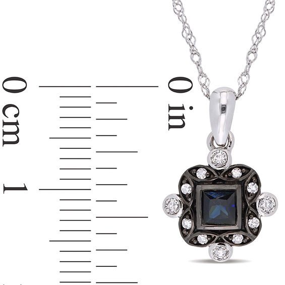 Princess-Cut Blue Sapphire and 0.06 CT. T.W. Diamond Art Deco Drop Pendant in 10K White Gold and Black Rhodium - 17"