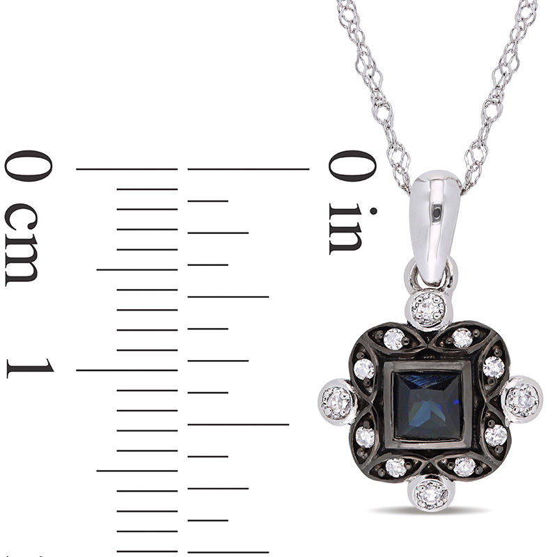 Princess-Cut Blue Sapphire and 0.06 CT. T.W. Diamond Art Deco Drop Pendant in 10K White Gold and Black Rhodium - 17"|Peoples Jewellers