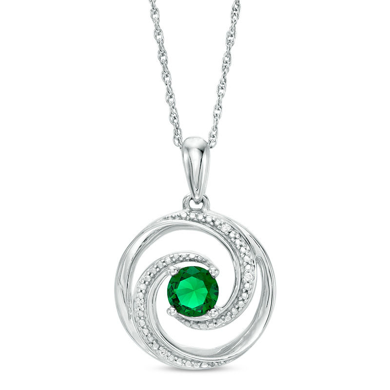 5.0mm Lab-Created Emerald and Diamond Accent Beaded Circular Wave Pendant in Sterling Silver|Peoples Jewellers