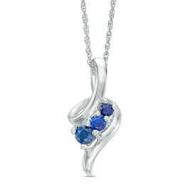 Graduated Lab-Created Blue Sapphire Beaded Swirl Ribbon Three Stone Pendant in Sterling Silver