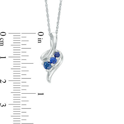 Graduated Lab-Created Blue Sapphire Beaded Swirl Ribbon Three Stone Pendant in Sterling Silver