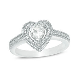 5.0mm Heart-Shaped Lab-Created White Sapphire and Diamond Accent Beaded Frame Vintage-Style Ring in Sterling Silver