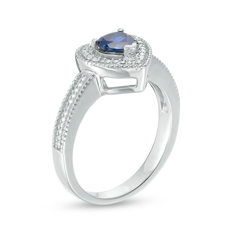 Main Image 2 of 5.0mm Heart-Shaped Lab-Created Blue Sapphire and Diamond Accent Beaded Frame Vintage-Style Ring in Sterling Silver