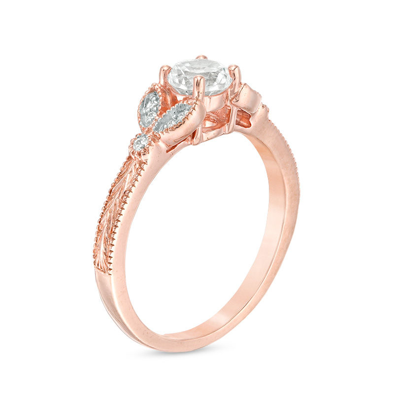5.0mm Lab-Created White Sapphire and Diamond Accent Leaf Vintage-Style Ring in 10K Rose Gold|Peoples Jewellers