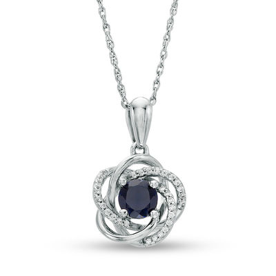 5.0mm Lab-Created Blue Sapphire and 0.087 CT. T.W. Diamond Floral Love Knot Pendant in 10K White Gold