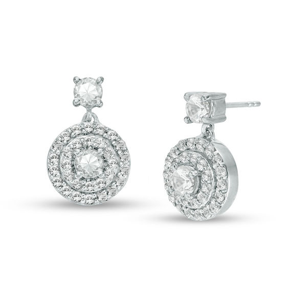 3.7mm Lab-Created White Sapphire Double Frame Drop Earrings in 10K White Gold