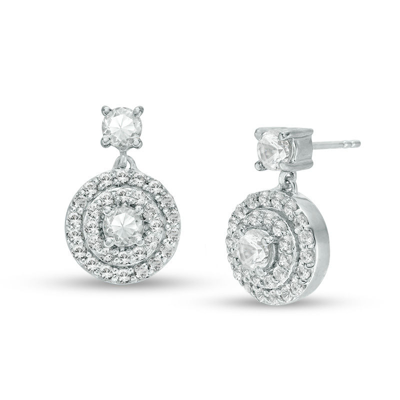 3.7mm Lab-Created White Sapphire Double Frame Drop Earrings in 10K White Gold|Peoples Jewellers