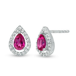 Pear-Shaped Lab-Created Ruby and White Sapphire Frame Drop Earrings in 10K White Gold