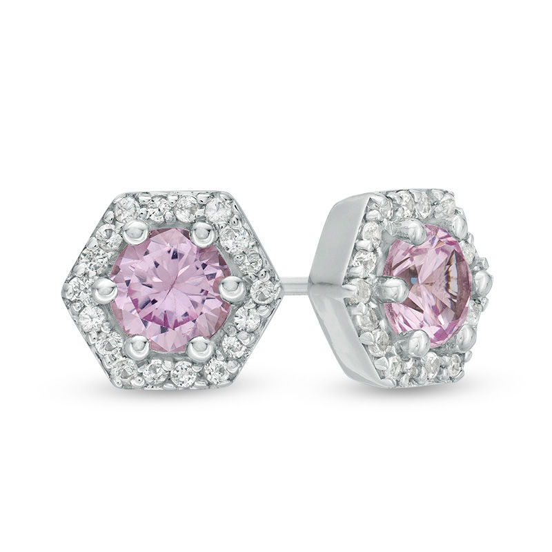 5.0mm Lab-Created Pink and White Sapphire Hexagon Frame Stud Earrings in Sterling Silver|Peoples Jewellers