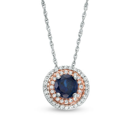 6.0mm Lab-Created Blue and White Sapphire Double Frame Pendant in Sterling Silver and 14K Rose Gold