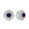 Thumbnail Image 0 of 4.0mm Lab-Created Blue and White Sapphire Double Frame Stud Earrings in Sterling Silver and 10K Rose Gold