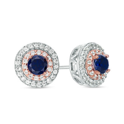 4.0mm Lab-Created Blue and White Sapphire Double Frame Stud Earrings in Sterling Silver and 10K Rose Gold