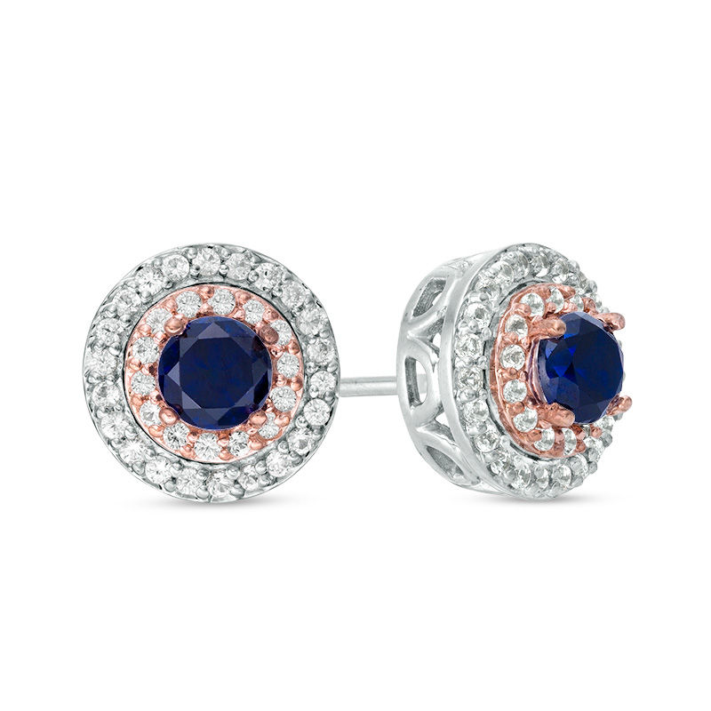4.0mm Lab-Created Blue and White Sapphire Double Frame Stud Earrings in Sterling Silver and 10K Rose Gold|Peoples Jewellers