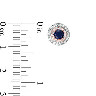 4.0mm Lab-Created Blue and White Sapphire Double Frame Stud Earrings in Sterling Silver and 10K Rose Gold