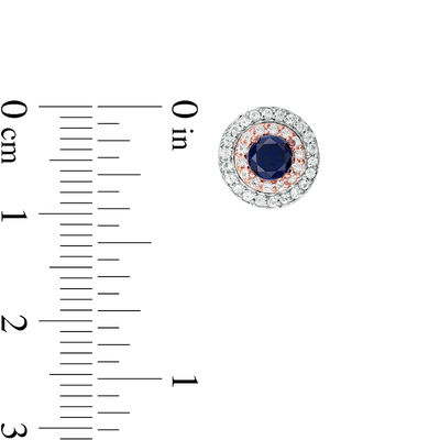 4.0mm Lab-Created Blue and White Sapphire Double Frame Stud Earrings in Sterling Silver and 10K Rose Gold