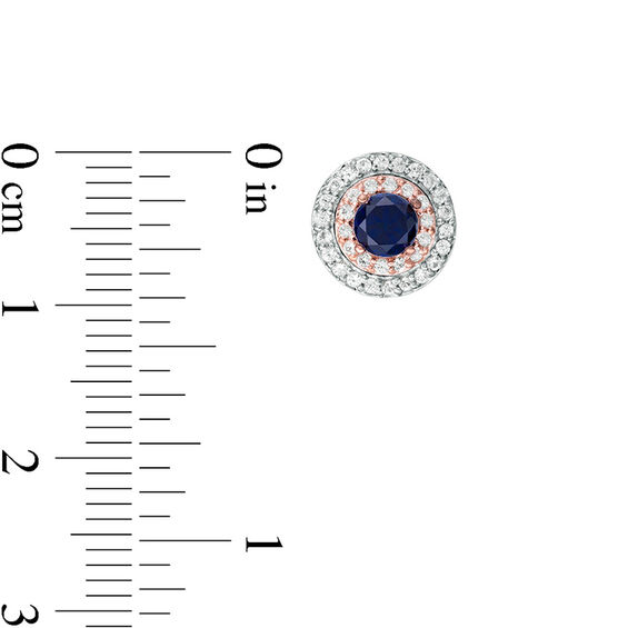 4.0mm Lab-Created Blue and White Sapphire Double Frame Stud Earrings in Sterling Silver and 10K Rose Gold