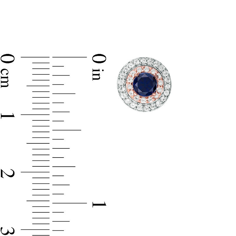 4.0mm Lab-Created Blue and White Sapphire Double Frame Stud Earrings in Sterling Silver and 10K Rose Gold