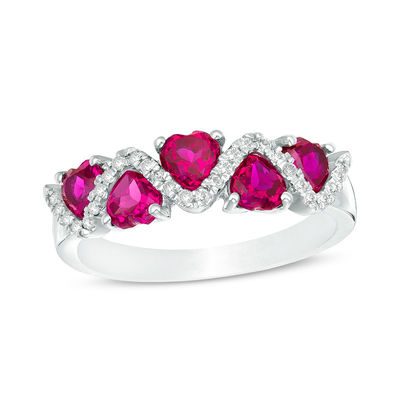 4.5mm Heart-Shaped Lab-Created Ruby and 0.067 CT. T.W. Diamond Zig-Zag Motif Ring in 10K White Gold