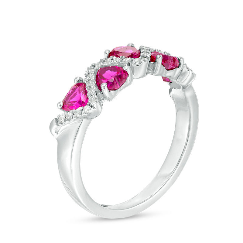 4.5mm Heart-Shaped Lab-Created Ruby and 0.067 CT. T.W. Diamond Zig-Zag Motif Ring in 10K White Gold|Peoples Jewellers