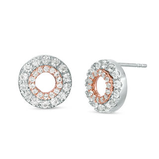 Lab-Created White Sapphire Open Double Circle Drop Earrings in Sterling Silver and 10K Rose Gold